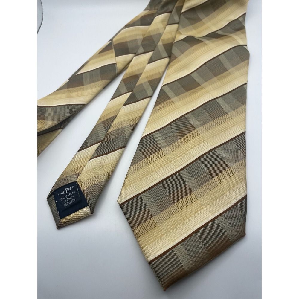 Dockers Silk Tie Gold Tan Brown Plaid Striped Stain Resistant Handmade Necktie
